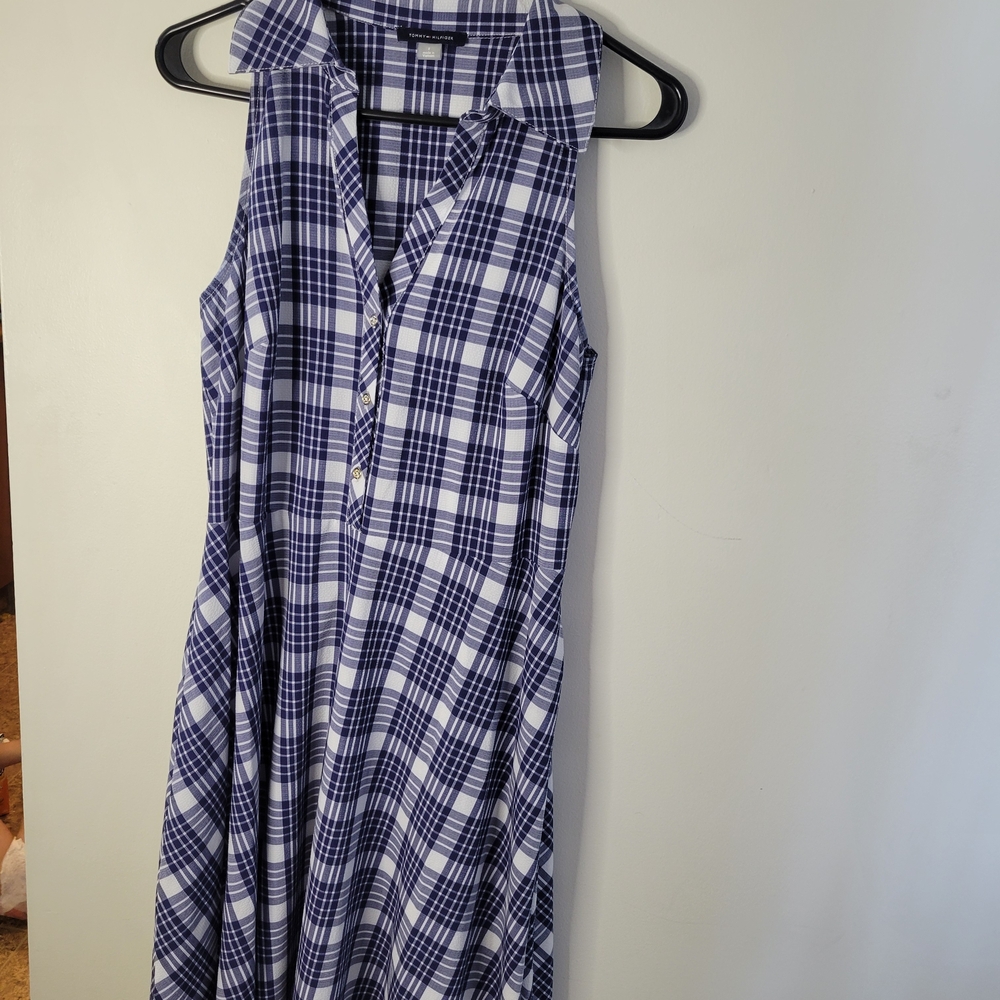 Tommy Hilfiger Sleeveless Plaid Midi Dress in Navy and White